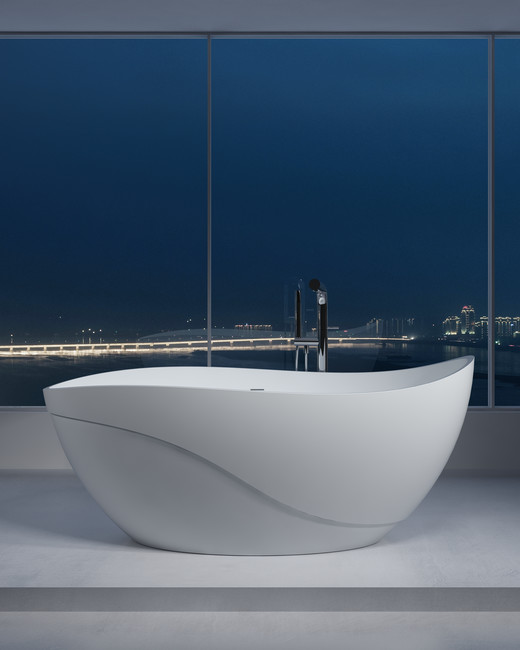 אמבטיה אובלית עם דופן גל העשויה מאבן מלאכותית בצבע לבן מט. 
גודל: 169.5*88 
גובה: 70